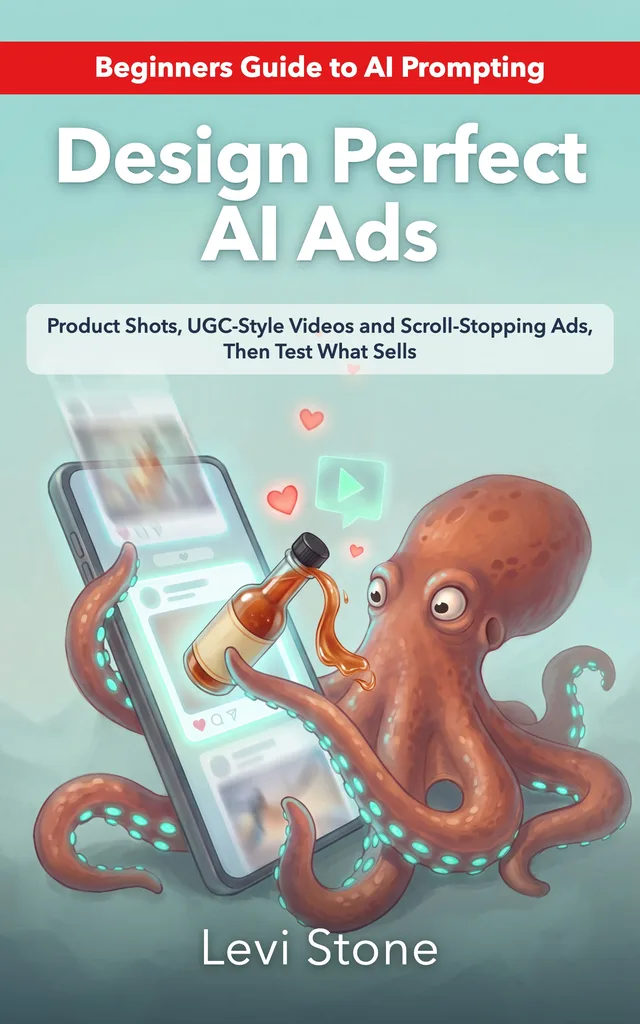 Design Perfect AI Ads: Create Product Shots, UGC-Style Videos and Scroll-Stopping Ads, Then Test What Sells by Levi Stone, book cover