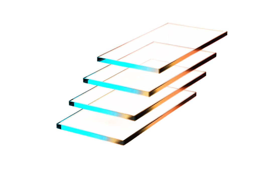 Four translucent glass panels stacked in perspective, edges glowing cyan to coral — one panel per testing layer