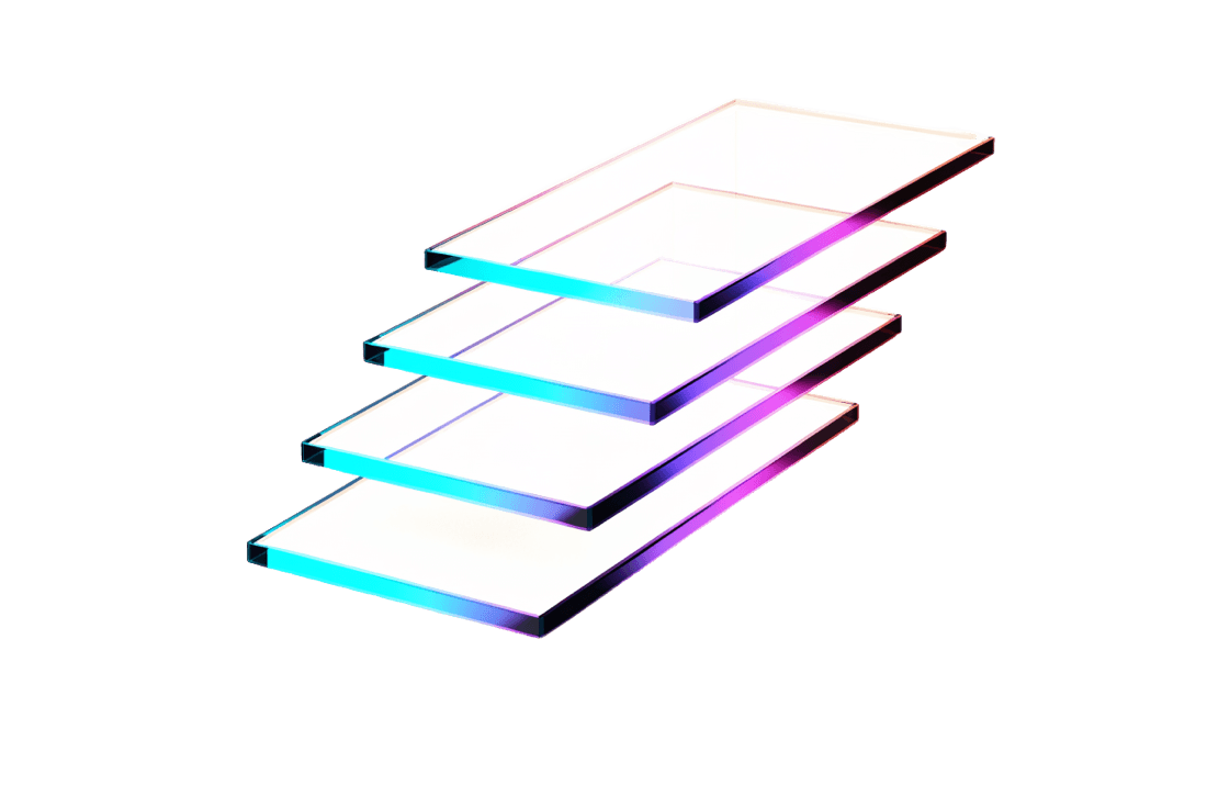 Four translucent glass panels stacked in perspective, edges glowing cyan to violet — one panel per testing layer