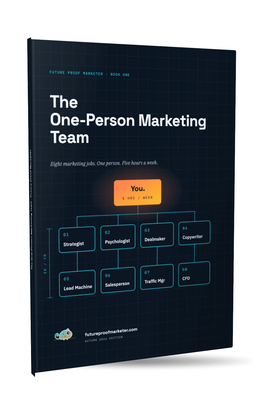 The One-Person Marketing Team — book cover: an org chart with you at the top and eight hires below