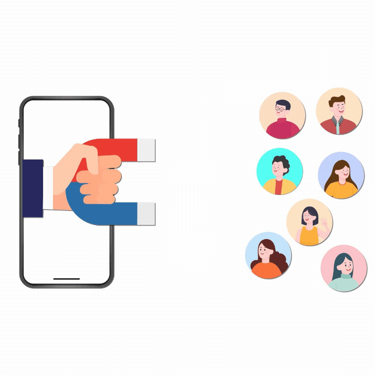 A hand holding a magnet extending from a smartphone, attracting diverse smiling faces representing social media connections.