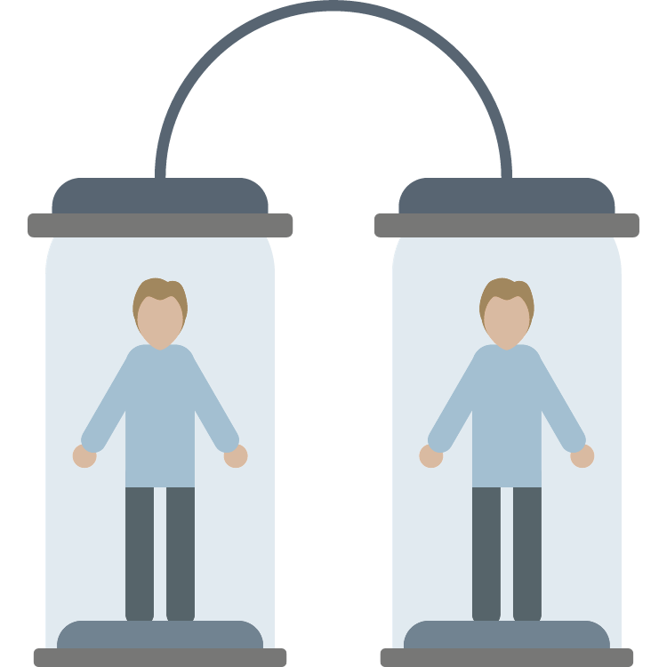 Illustration of two identical figures in connected pods, representing voice cloning