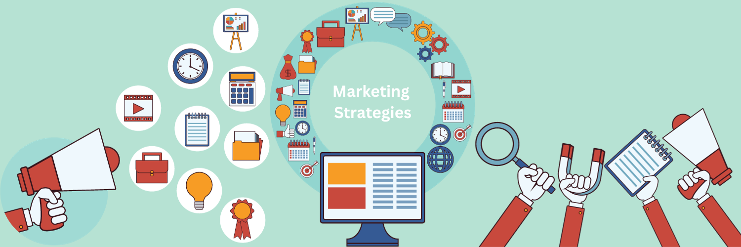 Marketing strategies illustrated by a megaphone, magnet, magnifying glass and a ring of marketing icons around a monitor
