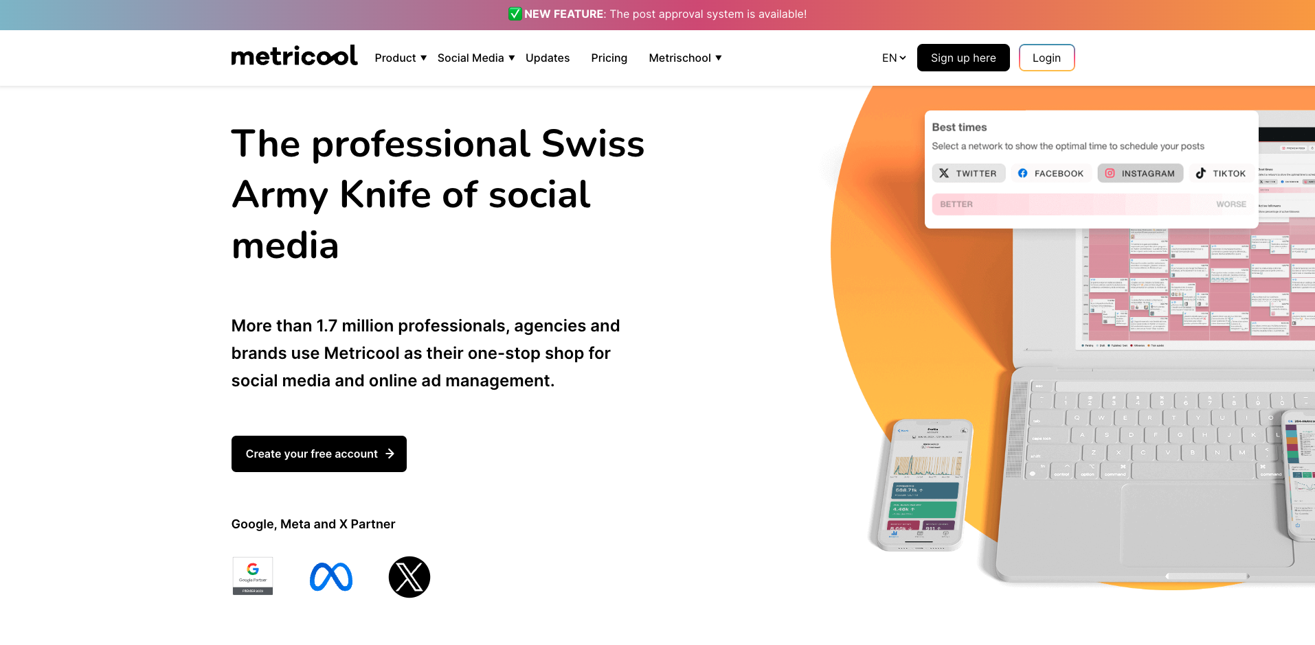 Metricool homepage calling itself the professional Swiss Army knife of social media