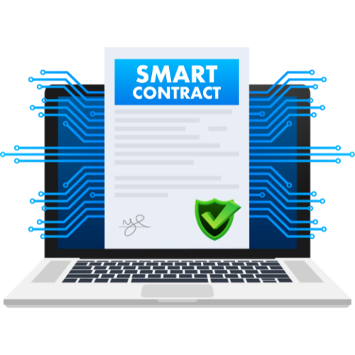 Smart contract document on a laptop screen surrounded by circuit lines and a security shield