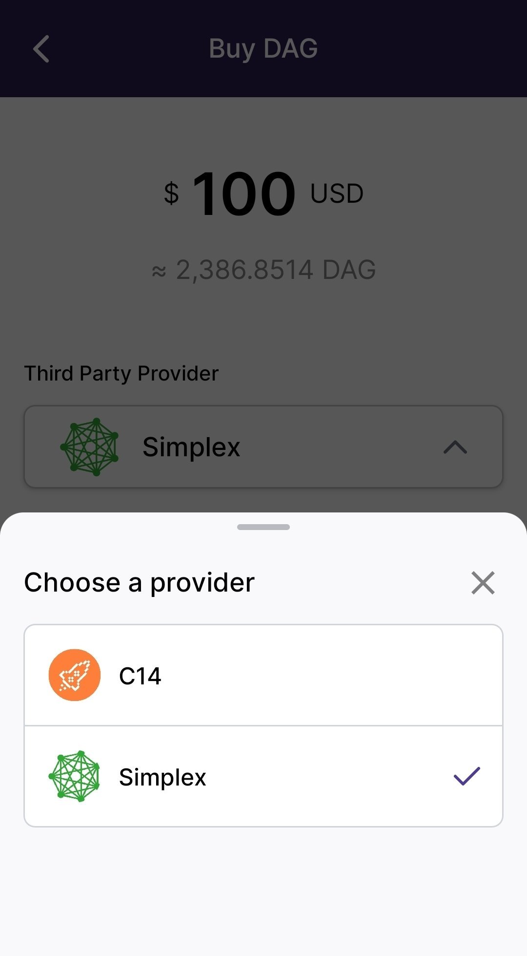 Stargazer wallet buy DAG screen with a choice of third-party providers C14 and Simplex