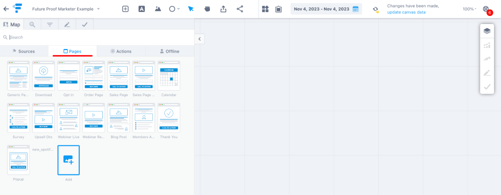 Funnelytics canvas with the Pages tab open, showing templates like opt-in, sales and webinar pages