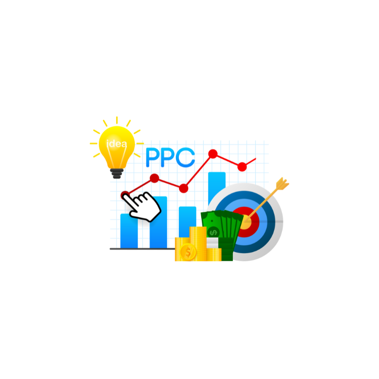 PPC advertising illustration with a bar chart, lightbulb, money and an arrow hitting a target