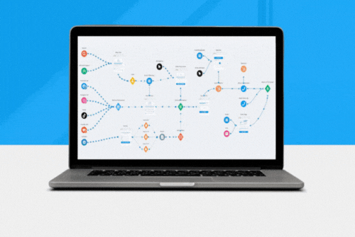A laptop displaying a complex flowchart or diagram on the screen, set against a blue background.
