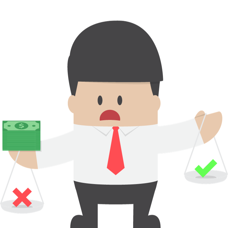 Cartoon businessman weighing money in one hand against an ethical checkmark in the other