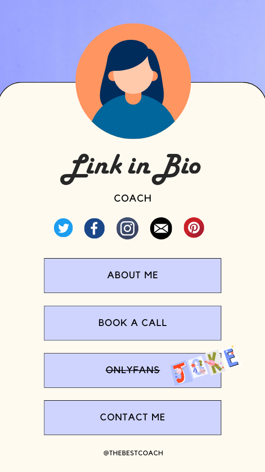 Example link-in-bio landing page for a coach with about, book a call, and contact buttons