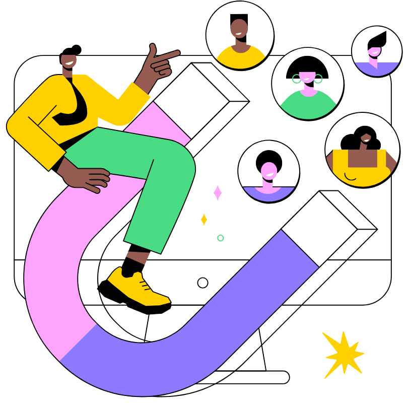 Illustration of a person sitting on a giant magnet that attracts profile icons of potential leads