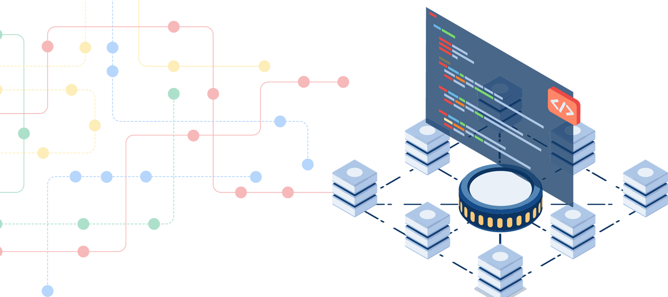 Illustration of connected server nodes and code representing a blockchain network