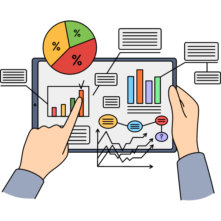 Hands holding a tablet filled with pie, bar and line charts for data analysis