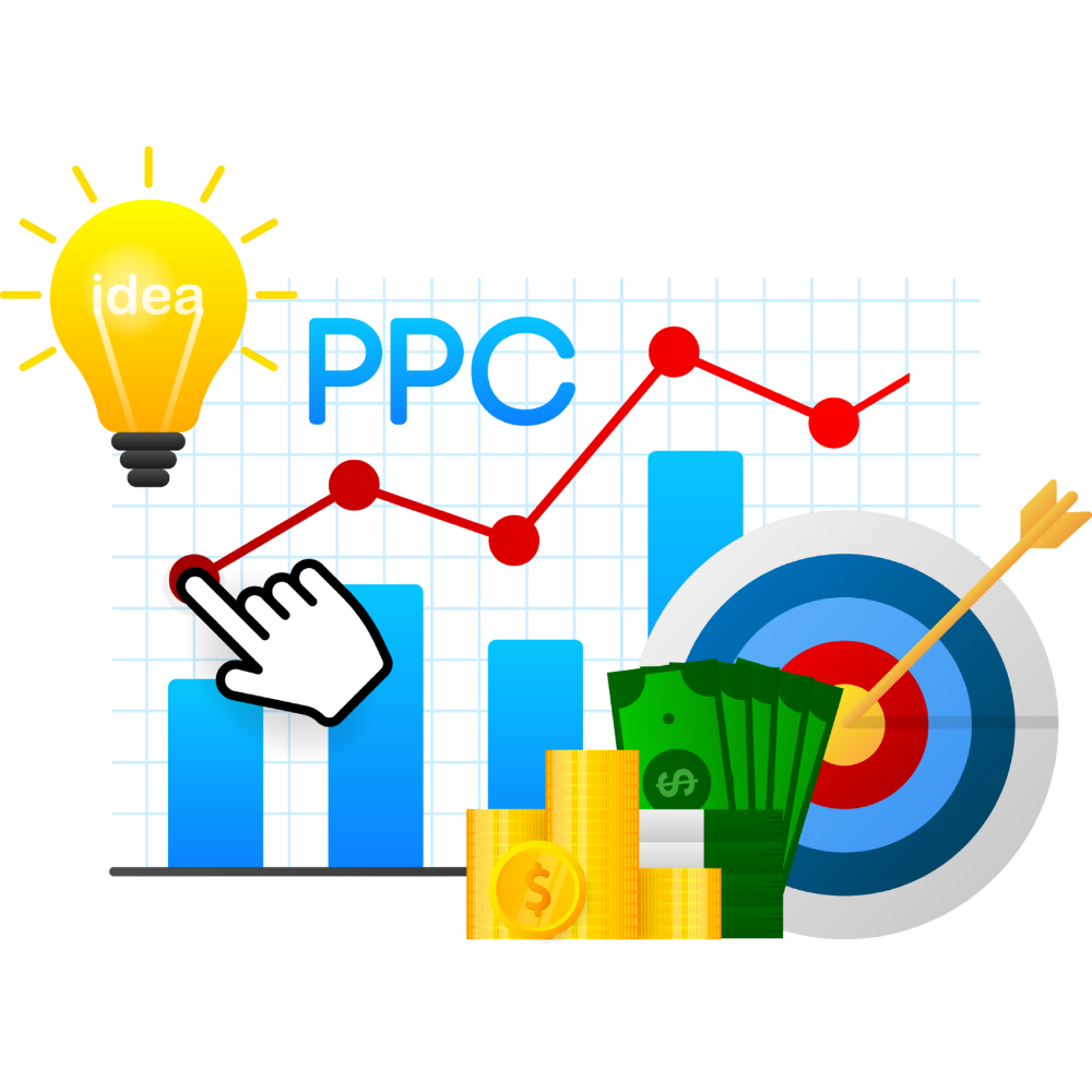 PPC illustration with charts, a click cursor, money, and a target hit by an arrow