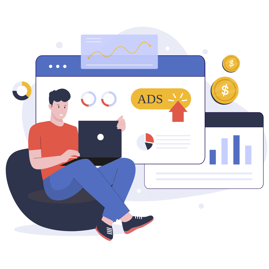 Illustration of a paid ads specialist with a laptop, ad banner, charts and coins