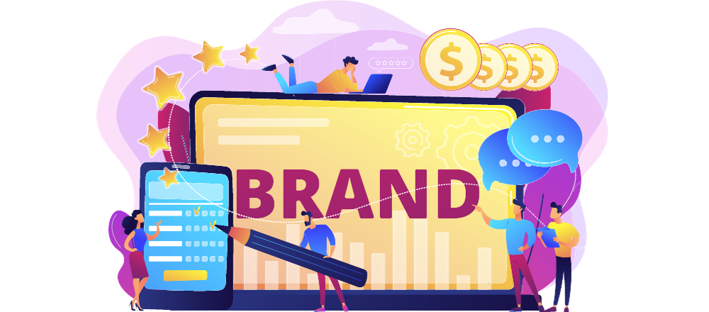 People building a brand together across screens, surrounded by stars, coins and customer reviews