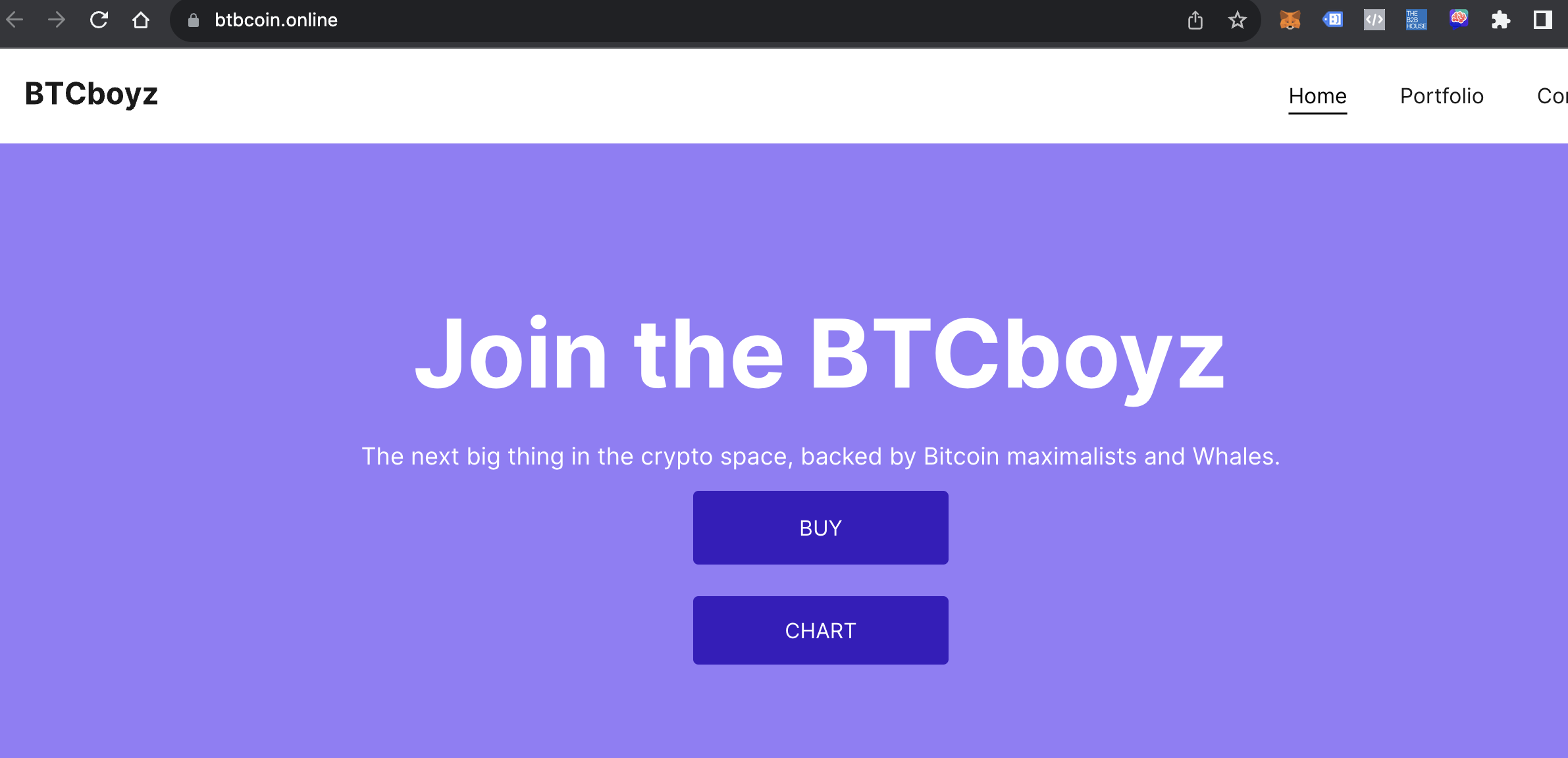 BTCboyz website showing only buy and chart buttons and the tagline "the next big thing in the crypto space"
