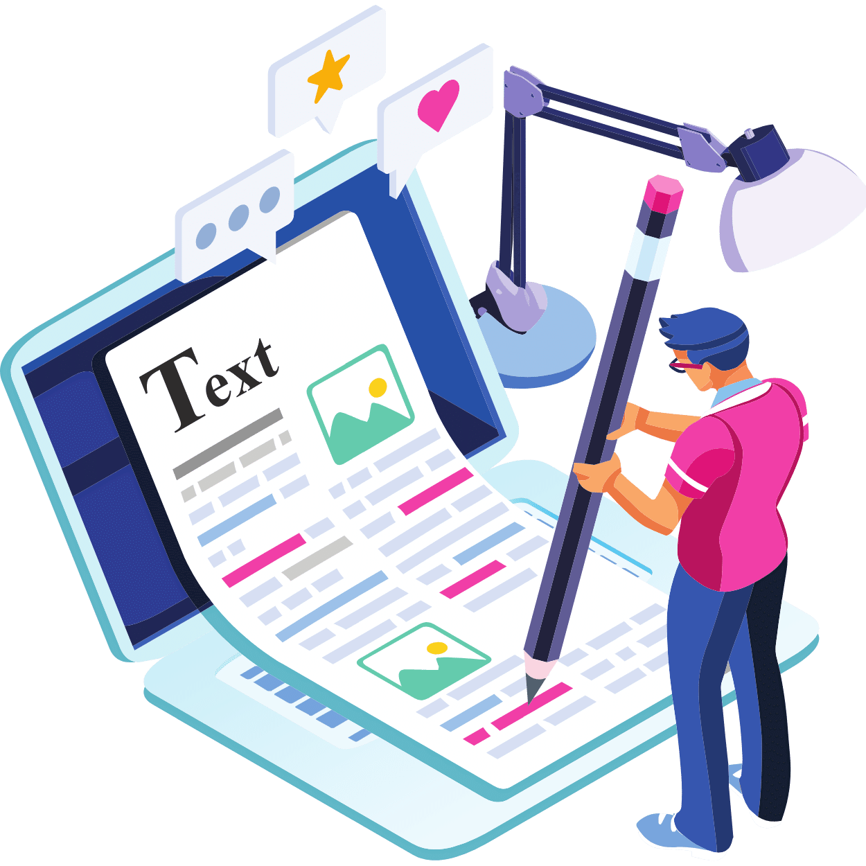 Illustration of a writer with a giant pencil editing a blog layout on a laptop