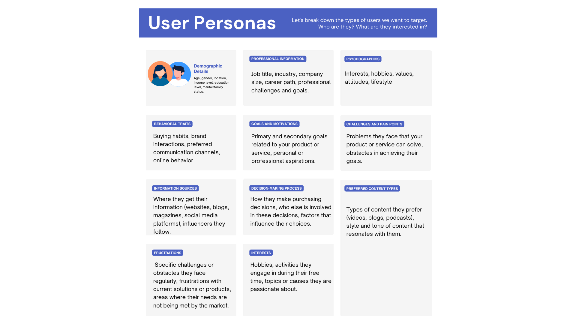 User persona template covering demographics, psychographics, goals, pain points, and content preferences