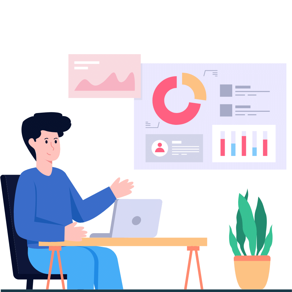 Illustration of an analyst at a desk presenting charts and graphs on a dashboard