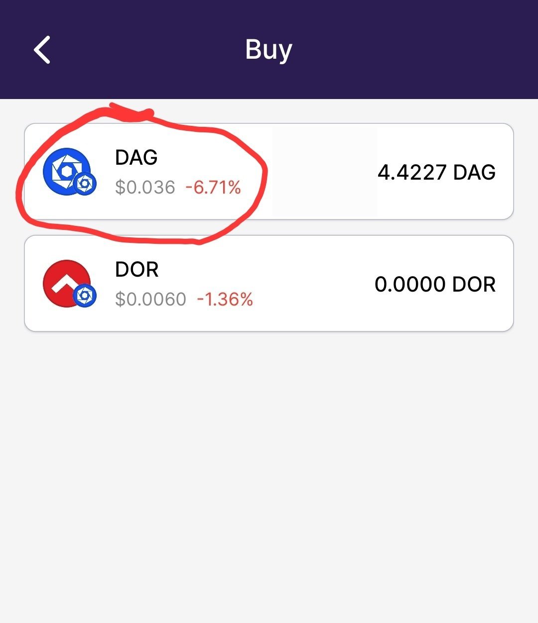 Stargazer wallet buy screen with the DAG token circled above DOR