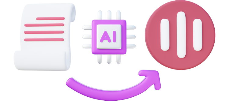 Icons of a document, an AI chip and a sound wave showing text being converted to speech