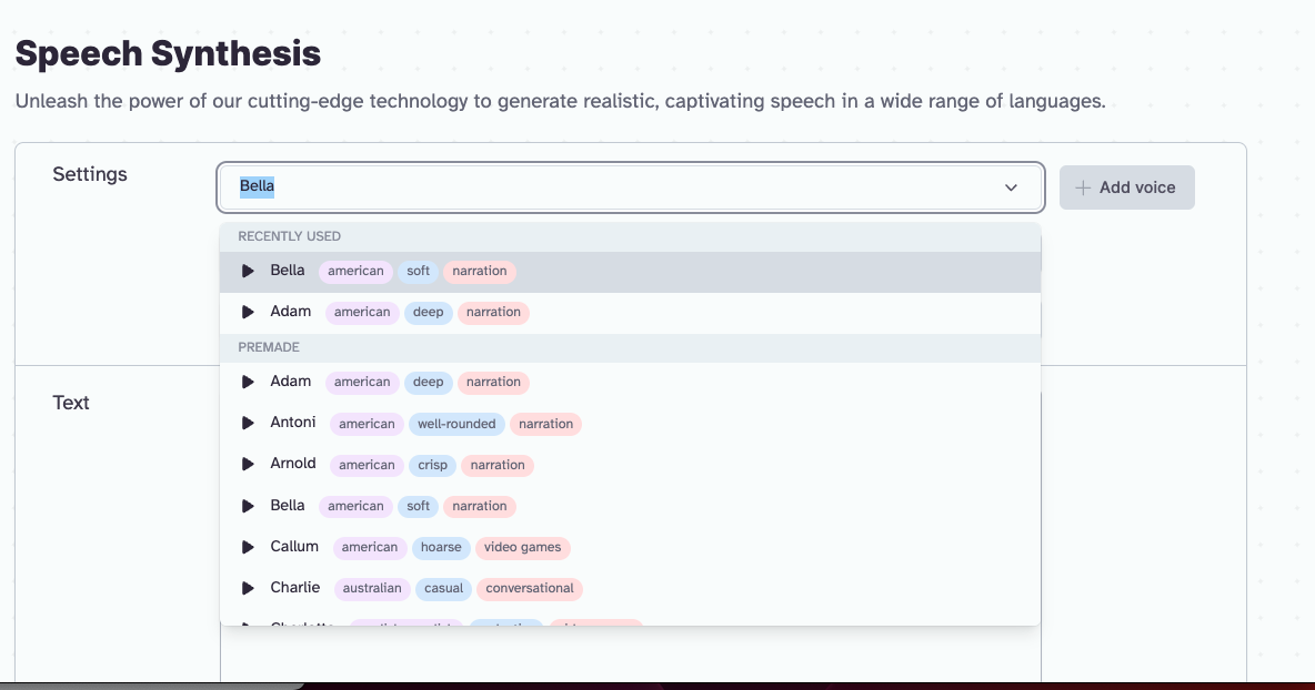 ElevenLabs speech synthesis voice picker listing voices like Bella, Adam and Antoni