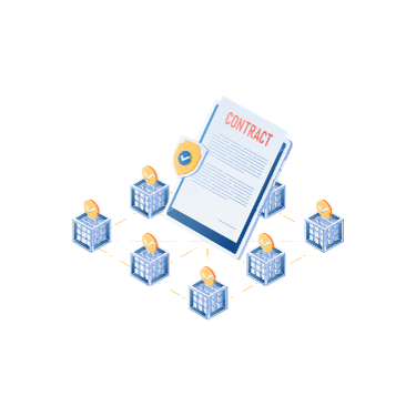 Isometric illustration of a smart contract document linked to a network of blockchain nodes