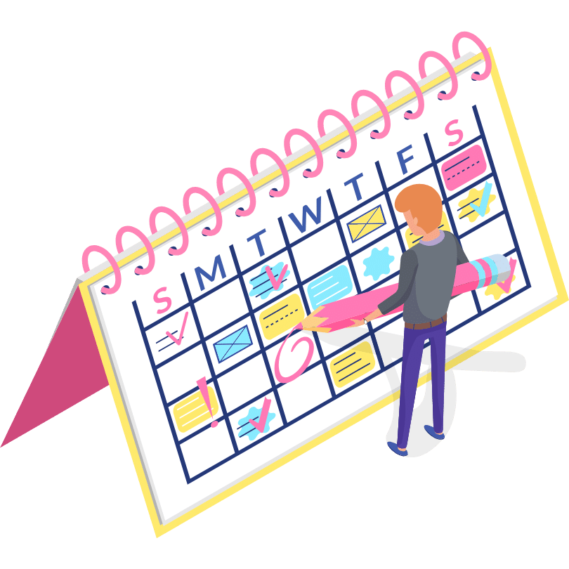 Illustration of a person marking appointments on a large desk calendar with a pencil
