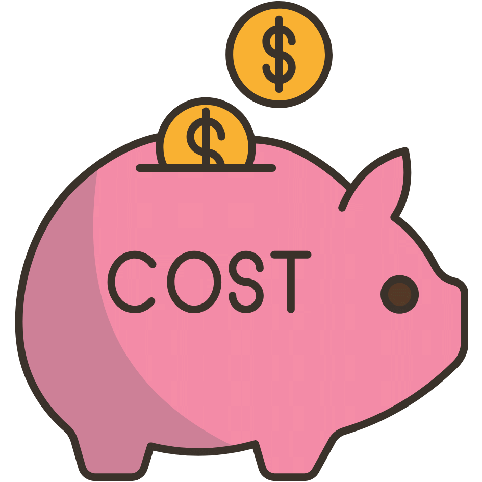 Pink piggy bank labeled cost with dollar coins dropping in, symbolizing cost savings