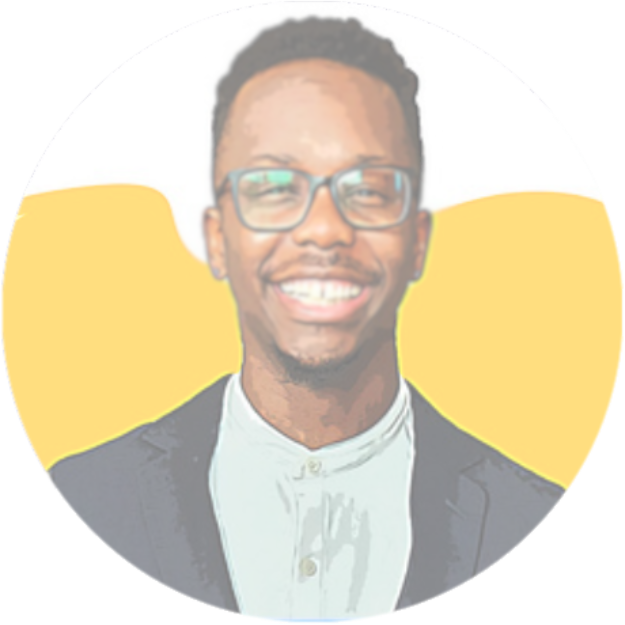 Illustration of a smiling Black man wearing glasses, a white shirt, and a dark jacket against a colorful abstract background.