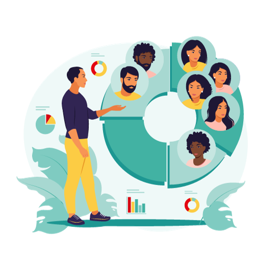 Marketer presenting a pie chart divided into segments of different audience profiles