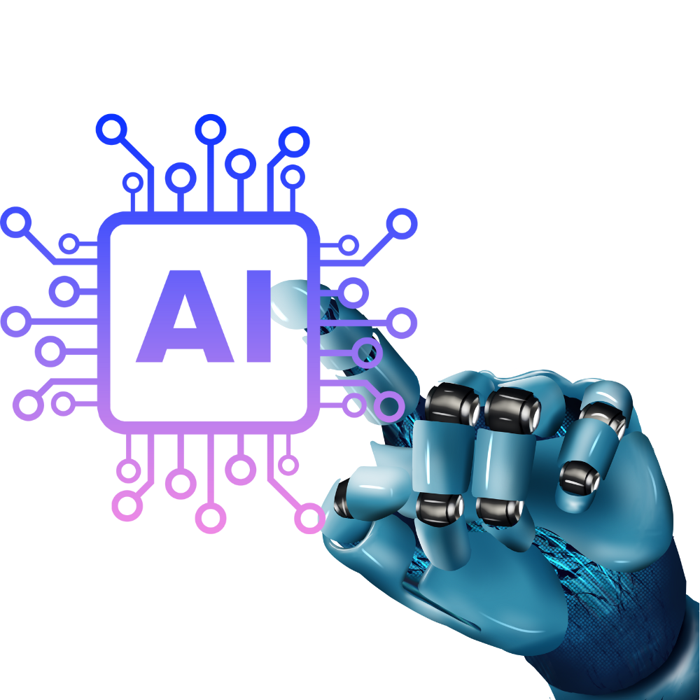 Robotic hand pointing at an AI chip circuit icon