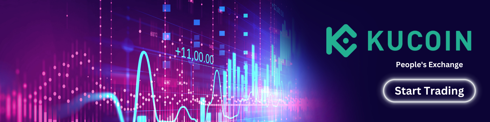 KuCoin exchange banner with trading charts and a start trading button