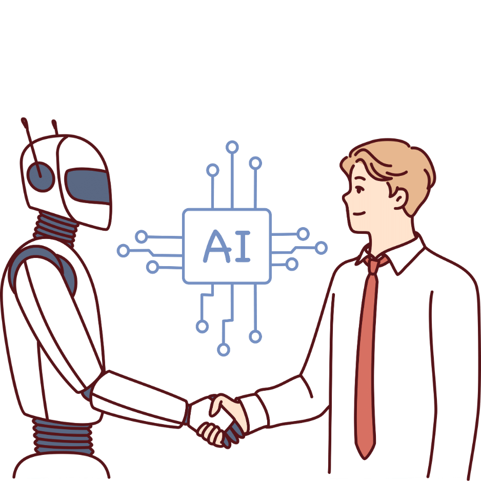 Illustration of a businessman shaking hands with a robot beneath an AI chip icon