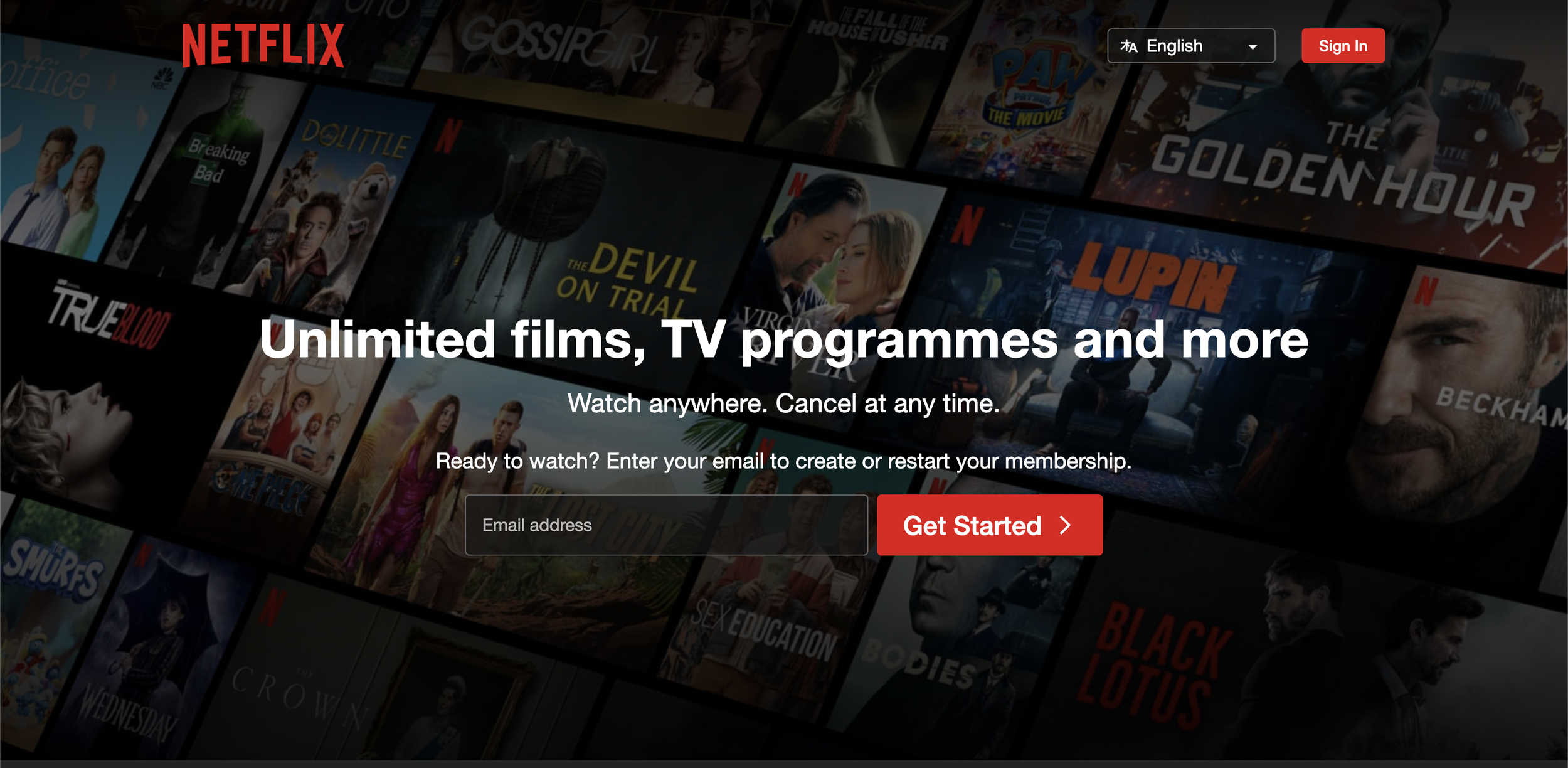 Netflix signup page with the headline Unlimited films, TV programmes and more