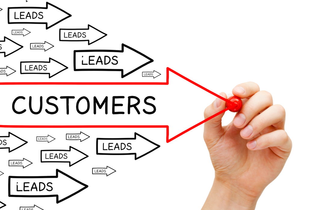 A hand drawing a red arrow leading to the word "Customers" on a black background, with smaller black arrows labeled "Leads" pointing towards it, illustrating customer acquisition in a sales funnel.