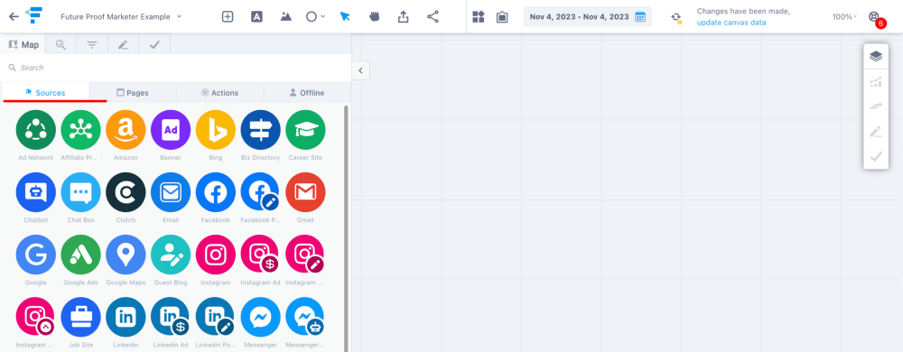 Funnelytics Sources tab listing traffic sources such as Facebook, Google Ads and email