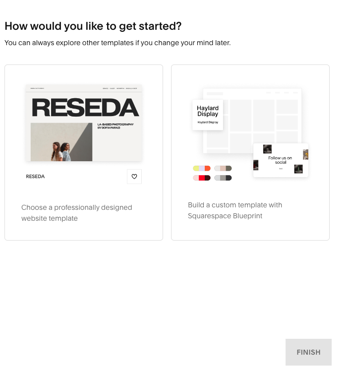 Squarespace choice between a professionally designed template and a custom Blueprint template