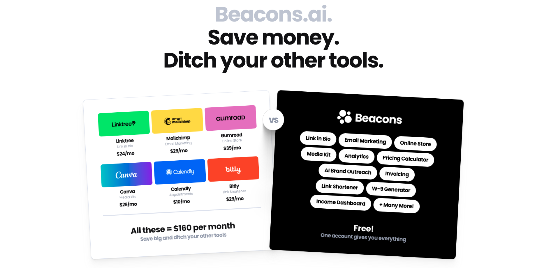 Beacons.ai comparison: six separate tools costing $160 per month versus one free Beacons account