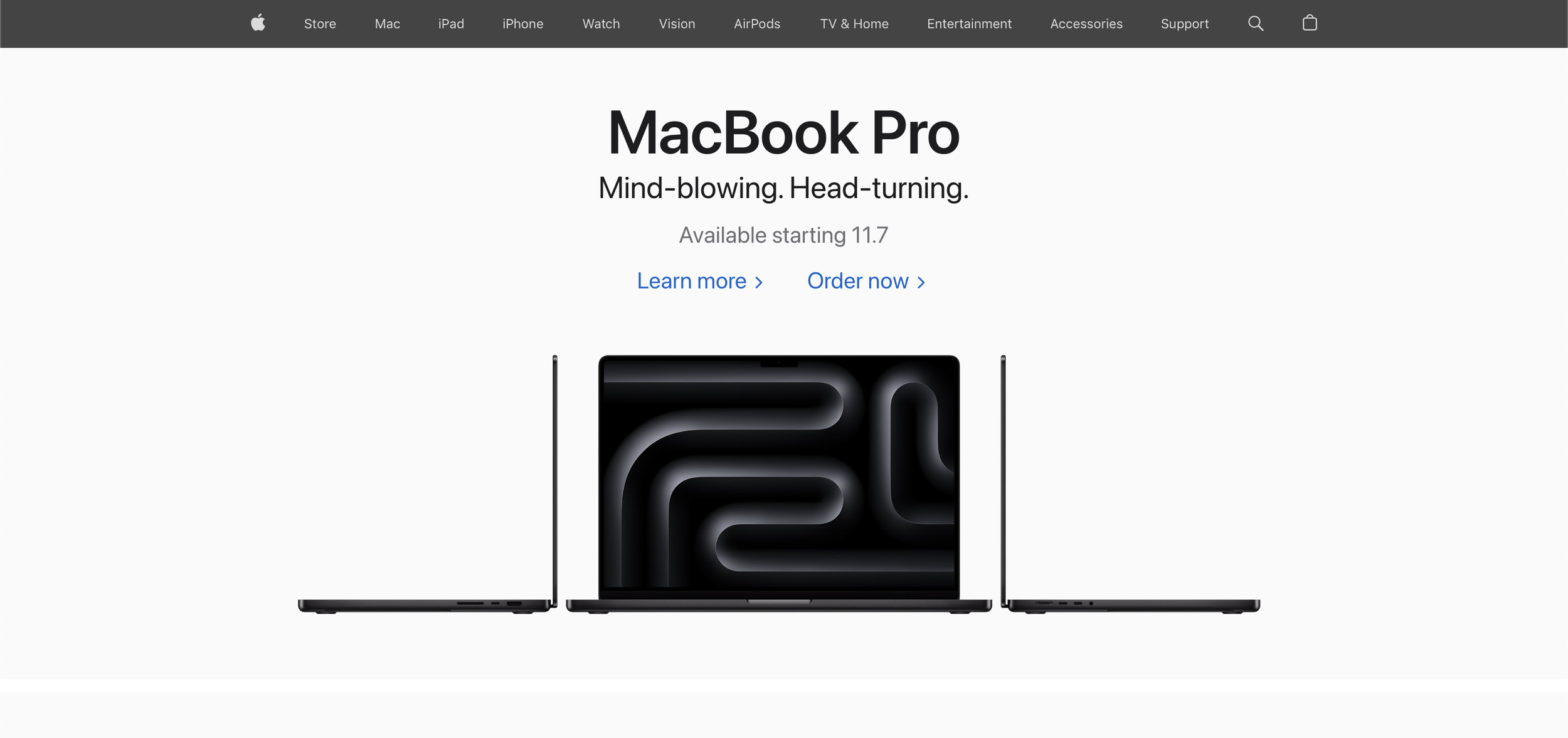 Apple homepage hero promoting the MacBook Pro with Learn more and Order now links