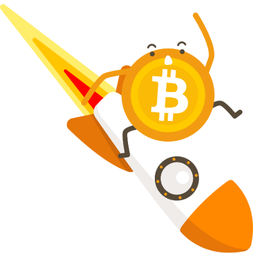 Cartoon Bitcoin coin character riding a rocket