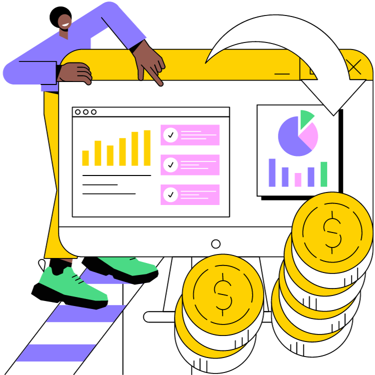 Illustration of a person with an analytics dashboard and stacks of dollar coins