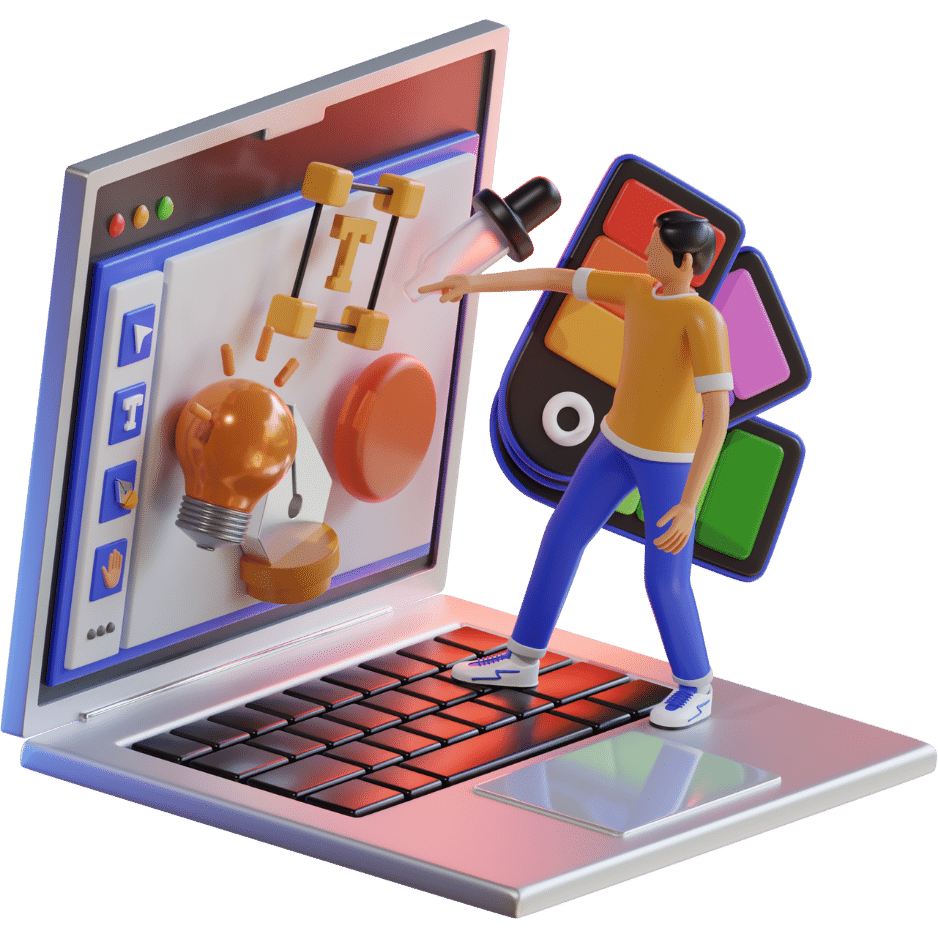3D illustration of a designer on a laptop keyboard using design tools and color swatches