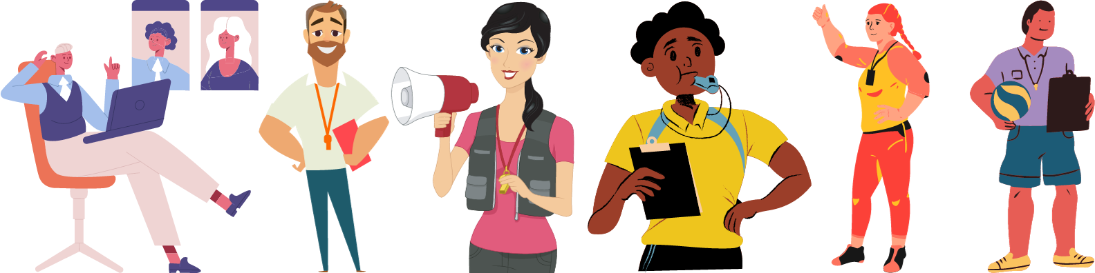 Illustrations of different types of coaches, from online mentors to sports trainers