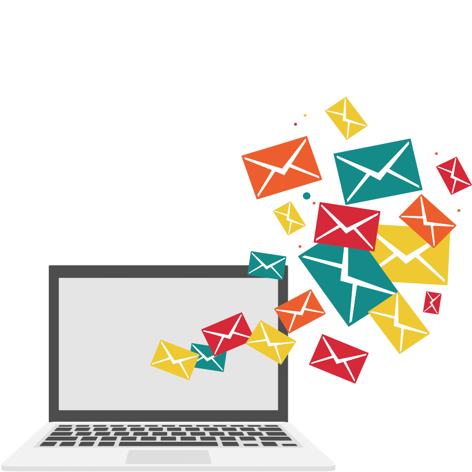Illustration of colorful email envelopes flying out of a laptop screen