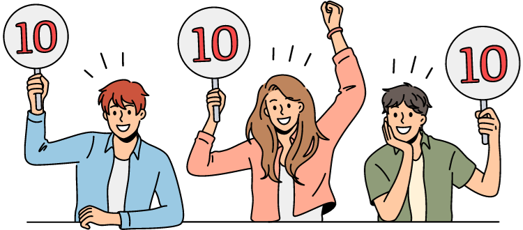 Three cheerful people holding up signs scoring a perfect 10, representing lead scoring