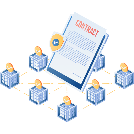 Contract protected by a shield and surrounded by network nodes, representing blockchain security