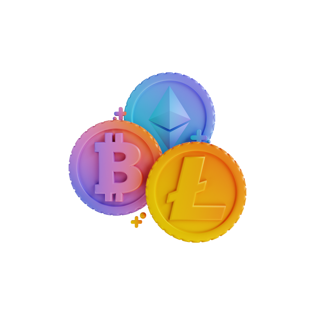 Colorful 3D coins of Bitcoin, Ethereum and Litecoin